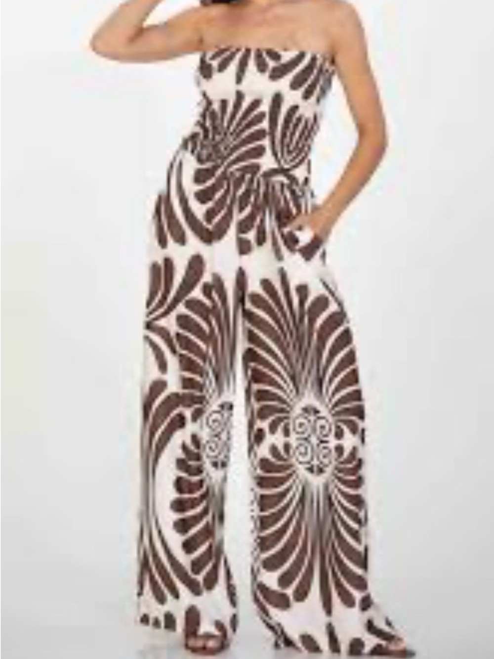 Strapless Wide-Leg Jumpsuit in White and Brown BRAND NEW - Picture 2 of 2